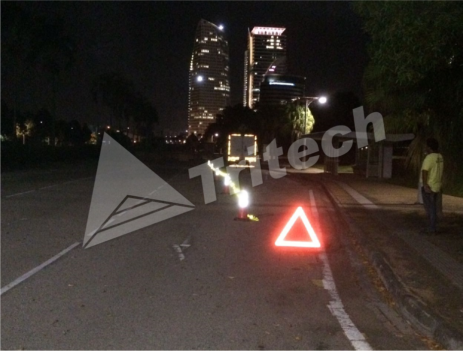Reflected Warning Triangles at Night
